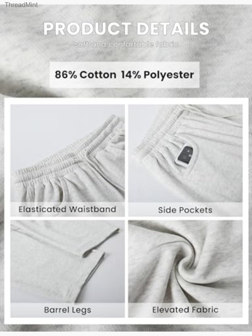 Women's Barrel Leg Sweatpants Elastic Waist Wide Leg Cotton Pockets - Picture 4 of 6